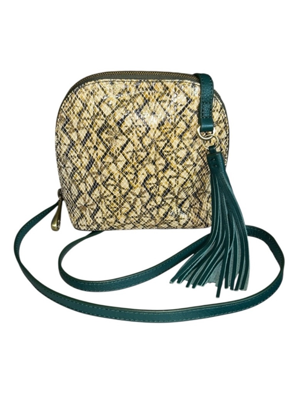 HOBO Nash Crossbody Bag in Twinkle Print Gold Metallic On Beige with Green Strap